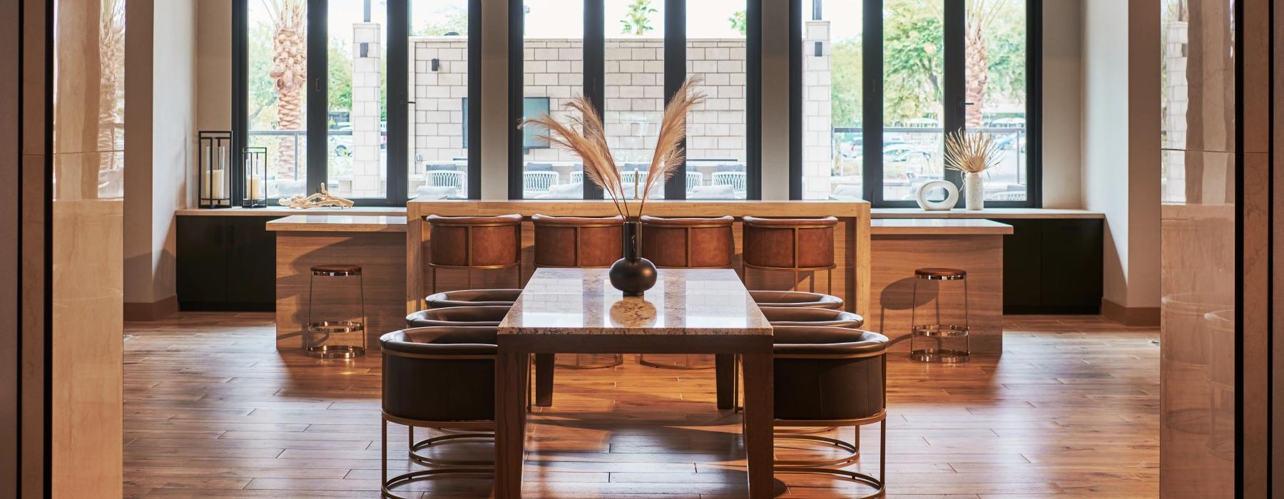 a large room with a large table and chairs