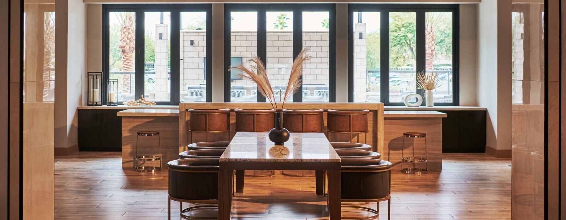 a large room with a large table and chairs